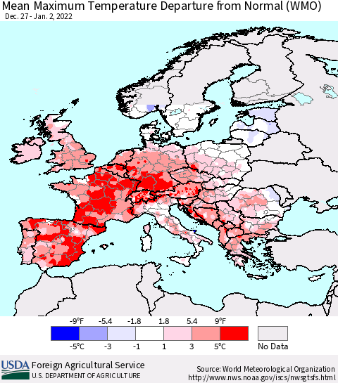 Europe Mean Maximum Temperature Departure from Normal (WMO) Thematic Map For 12/27/2021 - 1/2/2022