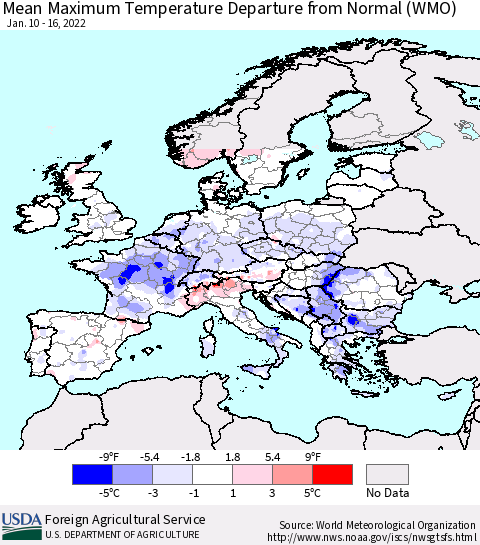 Europe Mean Maximum Temperature Departure from Normal (WMO) Thematic Map For 1/10/2022 - 1/16/2022