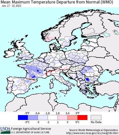 Europe Mean Maximum Temperature Departure from Normal (WMO) Thematic Map For 1/17/2022 - 1/23/2022