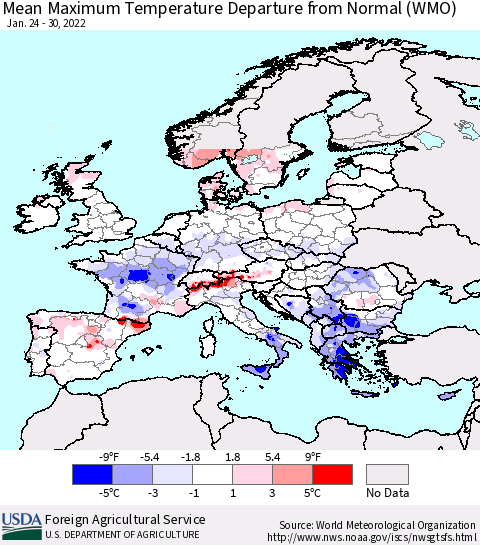 Europe Mean Maximum Temperature Departure from Normal (WMO) Thematic Map For 1/24/2022 - 1/30/2022