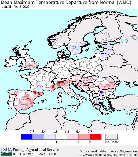 Europe Mean Maximum Temperature Departure from Normal (WMO) Thematic Map For 1/31/2022 - 2/6/2022