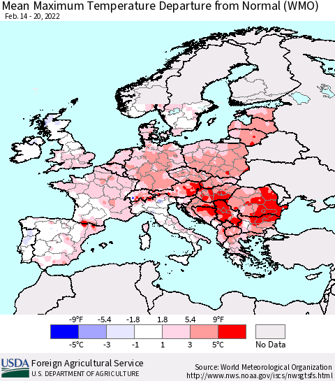 Europe Mean Maximum Temperature Departure from Normal (WMO) Thematic Map For 2/14/2022 - 2/20/2022