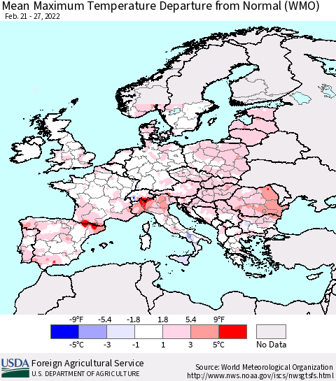 Europe Mean Maximum Temperature Departure from Normal (WMO) Thematic Map For 2/21/2022 - 2/27/2022