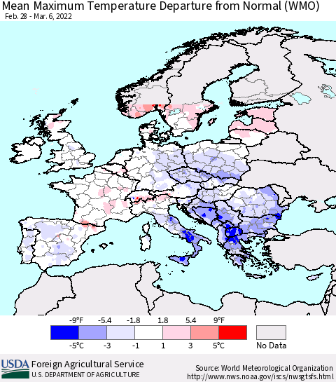 Europe Mean Maximum Temperature Departure from Normal (WMO) Thematic Map For 2/28/2022 - 3/6/2022
