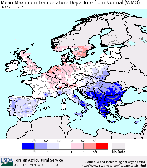 Europe Mean Maximum Temperature Departure from Normal (WMO) Thematic Map For 3/7/2022 - 3/13/2022
