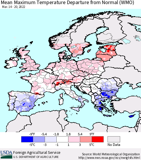 Europe Mean Maximum Temperature Departure from Normal (WMO) Thematic Map For 3/14/2022 - 3/20/2022