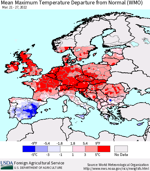 Europe Mean Maximum Temperature Departure from Normal (WMO) Thematic Map For 3/21/2022 - 3/27/2022
