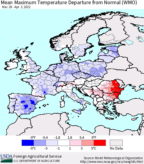 Europe Mean Maximum Temperature Departure from Normal (WMO) Thematic Map For 3/28/2022 - 4/3/2022