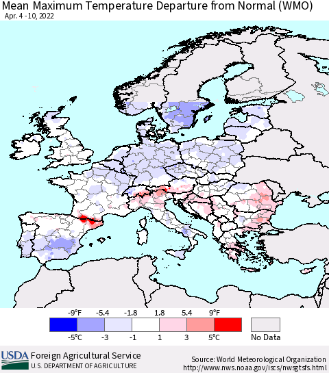 Europe Mean Maximum Temperature Departure from Normal (WMO) Thematic Map For 4/4/2022 - 4/10/2022