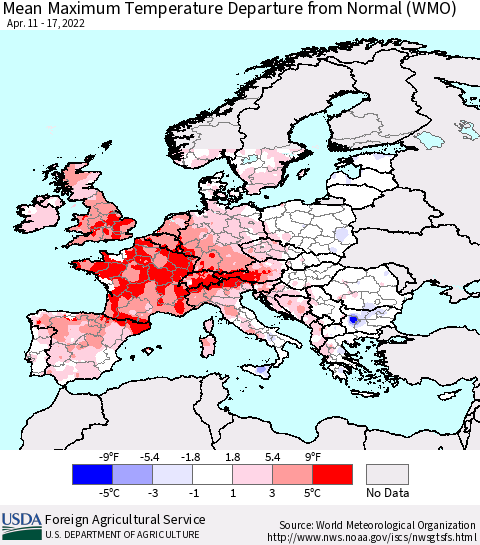 Europe Mean Maximum Temperature Departure from Normal (WMO) Thematic Map For 4/11/2022 - 4/17/2022