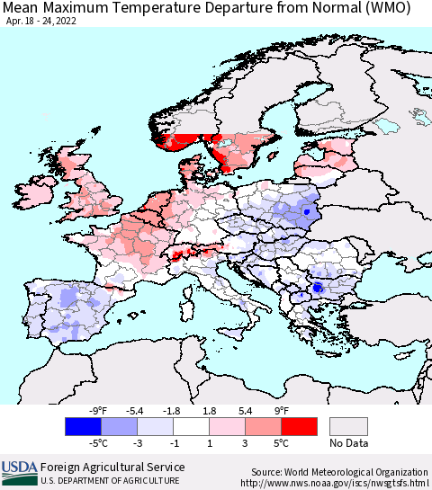 Europe Mean Maximum Temperature Departure from Normal (WMO) Thematic Map For 4/18/2022 - 4/24/2022