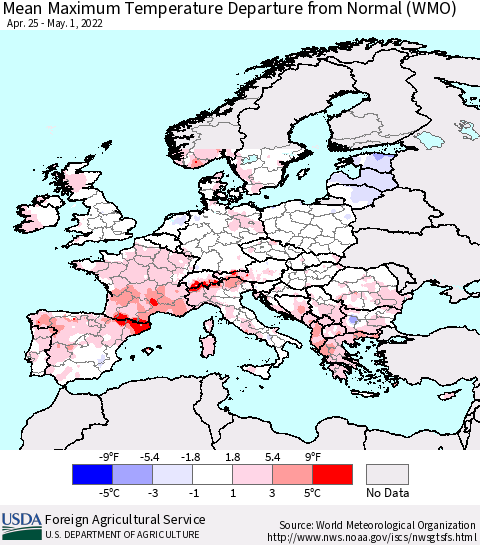 Europe Mean Maximum Temperature Departure from Normal (WMO) Thematic Map For 4/25/2022 - 5/1/2022