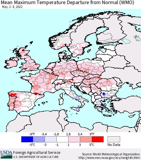 Europe Mean Maximum Temperature Departure from Normal (WMO) Thematic Map For 5/2/2022 - 5/8/2022