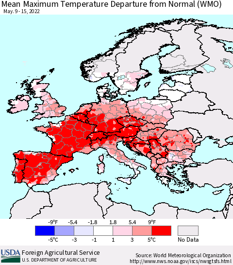 Europe Mean Maximum Temperature Departure from Normal (WMO) Thematic Map For 5/9/2022 - 5/15/2022