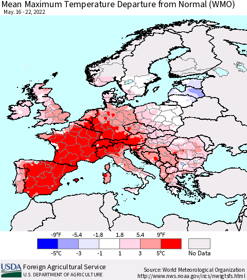 Europe Mean Maximum Temperature Departure from Normal (WMO) Thematic Map For 5/16/2022 - 5/22/2022