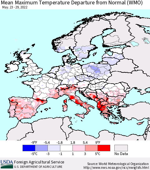 Europe Mean Maximum Temperature Departure from Normal (WMO) Thematic Map For 5/23/2022 - 5/29/2022