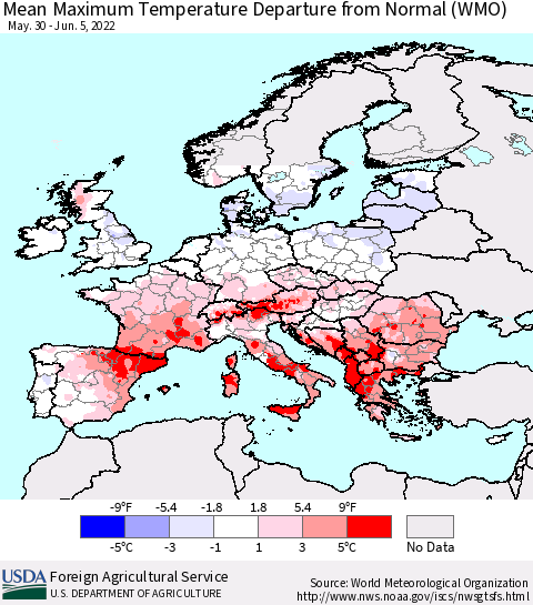 Europe Mean Maximum Temperature Departure from Normal (WMO) Thematic Map For 5/30/2022 - 6/5/2022