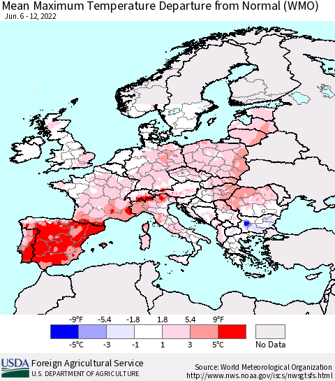 Europe Mean Maximum Temperature Departure from Normal (WMO) Thematic Map For 6/6/2022 - 6/12/2022