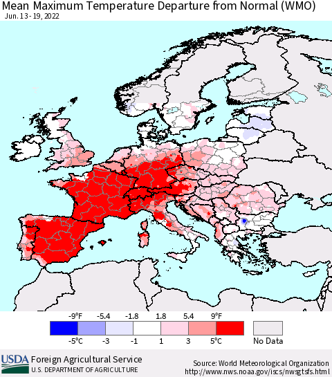 Europe Mean Maximum Temperature Departure from Normal (WMO) Thematic Map For 6/13/2022 - 6/19/2022