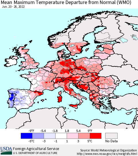 Europe Mean Maximum Temperature Departure from Normal (WMO) Thematic Map For 6/20/2022 - 6/26/2022
