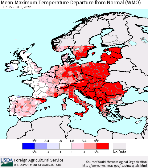 Europe Mean Maximum Temperature Departure from Normal (WMO) Thematic Map For 6/27/2022 - 7/3/2022