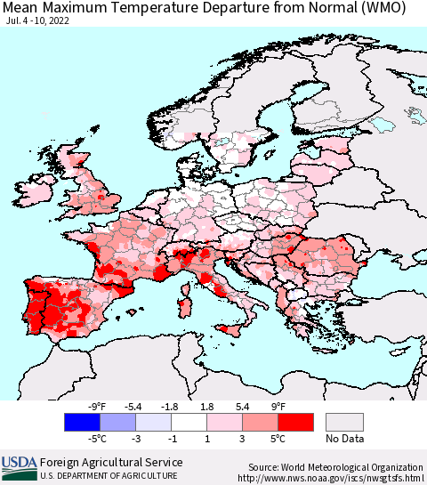Europe Mean Maximum Temperature Departure from Normal (WMO) Thematic Map For 7/4/2022 - 7/10/2022