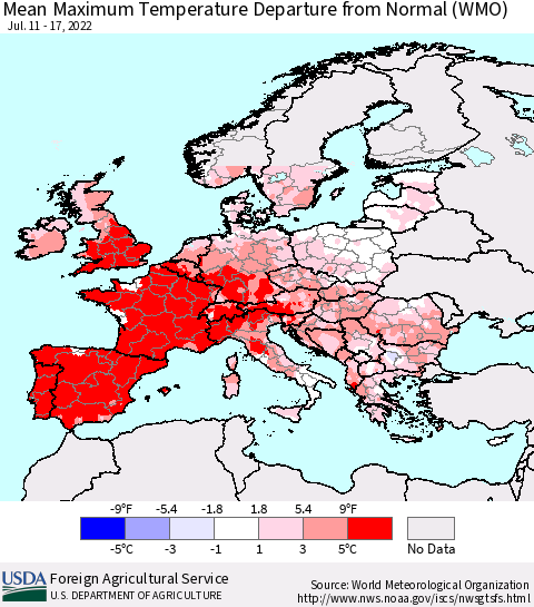 Europe Mean Maximum Temperature Departure from Normal (WMO) Thematic Map For 7/11/2022 - 7/17/2022
