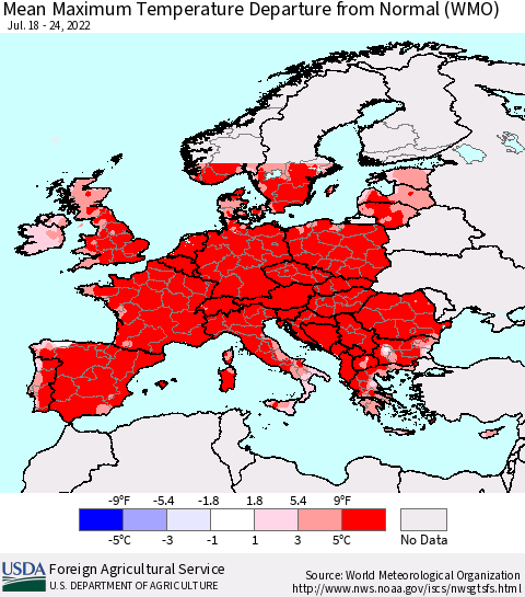 Europe Mean Maximum Temperature Departure from Normal (WMO) Thematic Map For 7/18/2022 - 7/24/2022
