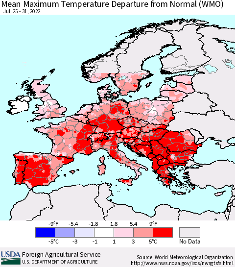 Europe Mean Maximum Temperature Departure from Normal (WMO) Thematic Map For 7/25/2022 - 7/31/2022