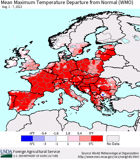 Europe Mean Maximum Temperature Departure from Normal (WMO) Thematic Map For 8/1/2022 - 8/7/2022