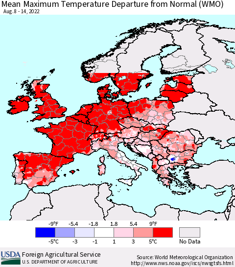 Europe Mean Maximum Temperature Departure from Normal (WMO) Thematic Map For 8/8/2022 - 8/14/2022