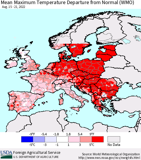 Europe Mean Maximum Temperature Departure from Normal (WMO) Thematic Map For 8/15/2022 - 8/21/2022