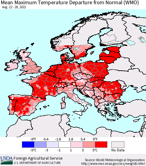 Europe Mean Maximum Temperature Departure from Normal (WMO) Thematic Map For 8/22/2022 - 8/28/2022