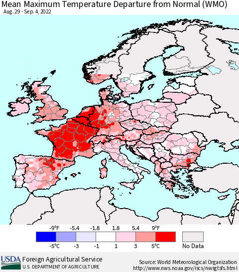 Europe Mean Maximum Temperature Departure from Normal (WMO) Thematic Map For 8/29/2022 - 9/4/2022