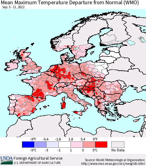Europe Mean Maximum Temperature Departure from Normal (WMO) Thematic Map For 9/5/2022 - 9/11/2022