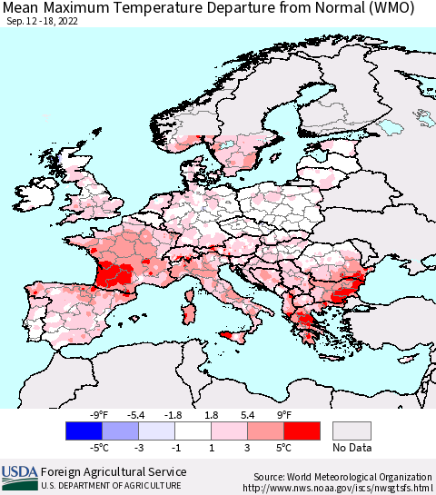 Europe Mean Maximum Temperature Departure from Normal (WMO) Thematic Map For 9/12/2022 - 9/18/2022