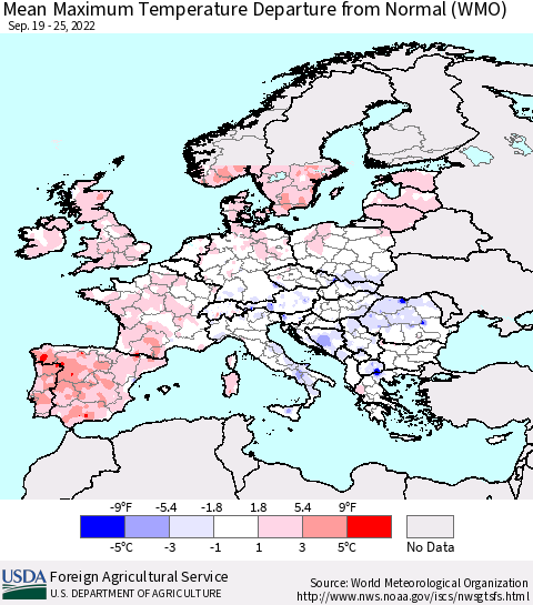 Europe Mean Maximum Temperature Departure from Normal (WMO) Thematic Map For 9/19/2022 - 9/25/2022