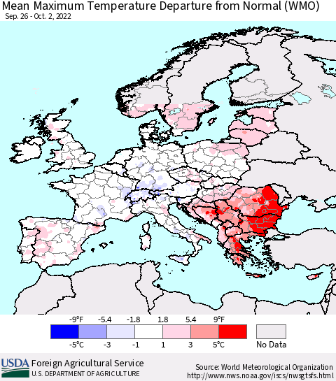 Europe Mean Maximum Temperature Departure from Normal (WMO) Thematic Map For 9/26/2022 - 10/2/2022