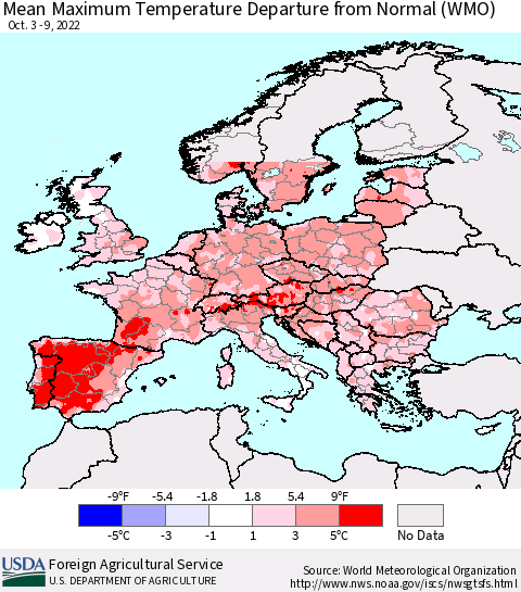 Europe Mean Maximum Temperature Departure from Normal (WMO) Thematic Map For 10/3/2022 - 10/9/2022