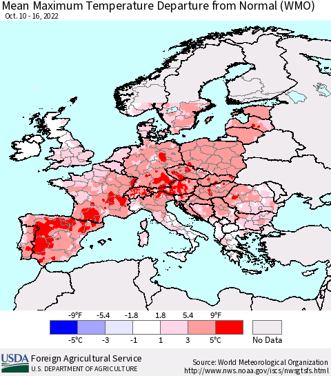 Europe Mean Maximum Temperature Departure from Normal (WMO) Thematic Map For 10/10/2022 - 10/16/2022