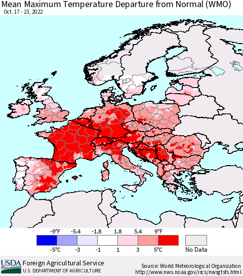 Europe Mean Maximum Temperature Departure from Normal (WMO) Thematic Map For 10/17/2022 - 10/23/2022