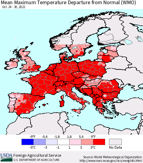 Europe Mean Maximum Temperature Departure from Normal (WMO) Thematic Map For 10/24/2022 - 10/30/2022