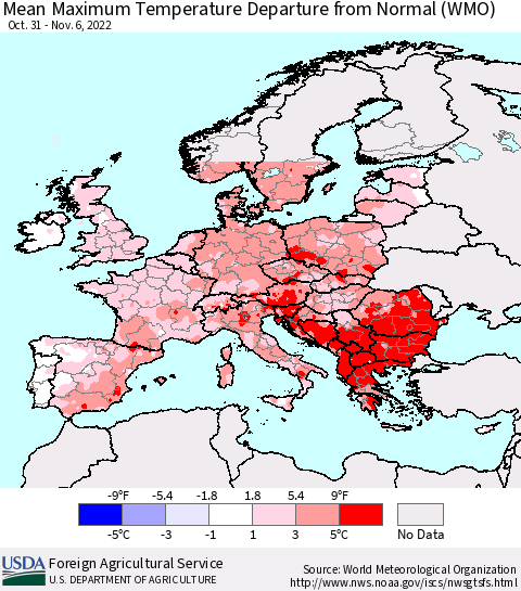 Europe Mean Maximum Temperature Departure from Normal (WMO) Thematic Map For 10/31/2022 - 11/6/2022
