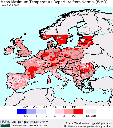 Europe Mean Maximum Temperature Departure from Normal (WMO) Thematic Map For 11/7/2022 - 11/13/2022