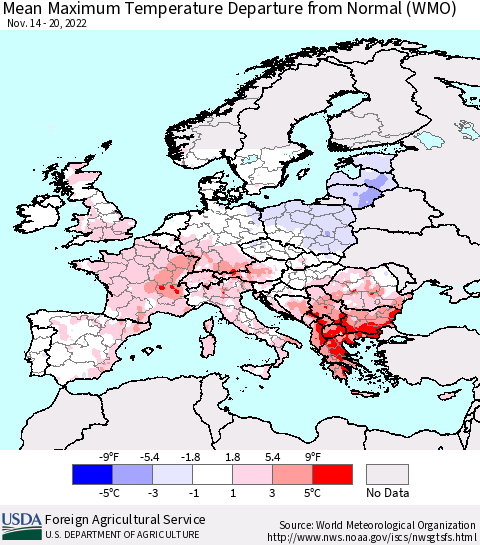 Europe Mean Maximum Temperature Departure from Normal (WMO) Thematic Map For 11/14/2022 - 11/20/2022