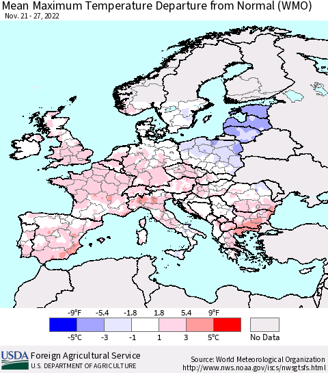 Europe Mean Maximum Temperature Departure from Normal (WMO) Thematic Map For 11/21/2022 - 11/27/2022