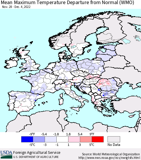 Europe Mean Maximum Temperature Departure from Normal (WMO) Thematic Map For 11/28/2022 - 12/4/2022
