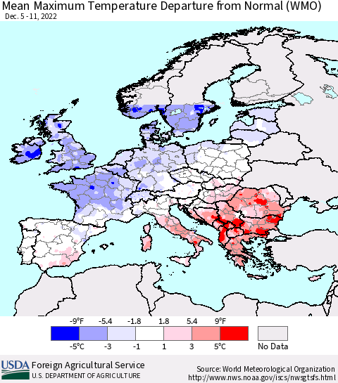 Europe Mean Maximum Temperature Departure from Normal (WMO) Thematic Map For 12/5/2022 - 12/11/2022