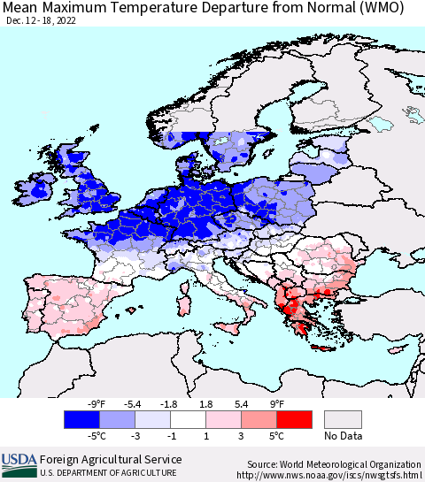 Europe Mean Maximum Temperature Departure from Normal (WMO) Thematic Map For 12/12/2022 - 12/18/2022