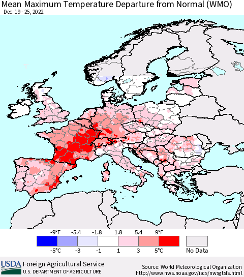 Europe Mean Maximum Temperature Departure from Normal (WMO) Thematic Map For 12/19/2022 - 12/25/2022